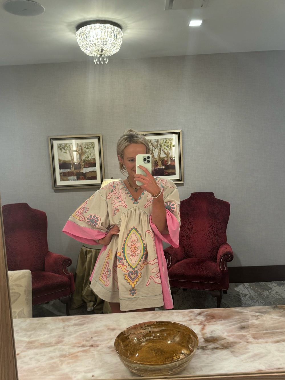 Boho Embroidered V-Neck Tunic Top in Beige and Pink
